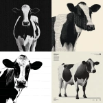**"A minimalist, black-and-white, graphic-style illustration of a cow. Use bold, clean lines and simple geometric shapes, similar to a pictogram or modern Japanese package design. The cow should have large black patches, a calm expression, and a flat, almost poster-like appearance. No shading or gradients. The overall style should feel clean, stylish, and contemporary, suitable for product packaging."** - <@1263833281322029154> (fast)