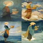 **Fairytale dreamlike illustration of A young, androgynous figure standing by a quiet sea, holding a golden cup. The cup has a fish swimming in it, you can only see the top half of the fish. Dreamlike, mythic atmosphere by Kay Nielsen, Edmund Dulac --ar 7:12** - <@409716268476923920> (fast)
-# Create, explore, and organize on [midjourney.com](<https://midjourney.com/imagine?from_discord=1>)