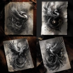 **<https://s.mj.run/BiYVXZD72a4> <https://s.mj.run/YB05tCOZNAo> Japanese Dragon Phoenix tattoo art print, black and white sketch panopticon style, fine lines, shading, asian letters in silver and gold, dark parchment background, ar 89:128 --p rsmejb6 --v 7.0** - <@1002947002323185734> (fast)