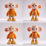 **3D cartoon orange monkey character, big round head, short stubby legs, asymmetrical ears (one larger), humanoid clothing proportions, shiny textures, stylized but realistic materials, toy-like appearance, standing in neutral pose, white background style cute --v 7.0** - Variations (Strong) by <@1233005194753609839> (fast)
