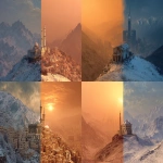 **realistic image divided in two sides, right side showing Mecca Saudi Arabia with orange sky very warm, and left side showing a house on the mountains covered in snow, very good composition, extreme detail, 8k picture quality --ar 16:9** - <@878376954292764732> (fast)