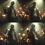 **a photorealistic image of a man with short spiked brown hair in a black leather jacket, white tshirt and jeans, standing in a crowded casino holding a pair of dice in his hand palm facing up. Make the man somewhat in shadow. Make it a low angle shot with a spotlight shining down on the hand holing the dice ar 3:2 --v 7.0** - Variations (Strong) by <@1079878313302048812> (fast)