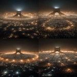 **A breathtaking cinematic night scene in Tehran. A massive, peaceful crowd surrounds the Azadi Tower in complete darkness. Thousands of people hold up their phones, creating a sea of warm white lights forming a perfect circle around the monument. The Azadi Tower stands in the center, monumental, softly illuminated, calm and timeless. No faces visible, only silhouettes unity over individuality. Atmosphere is silent, emotional, sacred, and powerful. Subtle mist in the air, deep shadows, dramatic contrast. Ultra-realistic photography, cinematic lighting, long exposure look, high detail. Shot from a high aerial perspective, epic scale. Mood: hope, resilience, quiet strength, goosebumps. --ar 9:16** - Variations (Strong) by <@1243161661557309564> (fast)