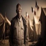**An elderly black african army general, in his 60s, looking fit , dressed in a 1950s French military uniform, stands confidently in front of the camera in a desert military camp setting. dimly lit, He has a serious, weathered face, one hand casually resting in his pocket. He faces the viewer, delivering a direct-to-camera monologue. The background features sand dunes, vintage military tents, and French colonial flags fluttering in the wind. Dust subtly floats in the warm light. cinematic, with shallow depth of field, natural lighting, and slight grain to simulate 1950s archival film look. Tone is somber and authoritative, evoking a government broadcast or classified confession. --ar 128:73 --v 7.0** - Image #4 <@1065391125663322203>