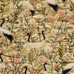**Seamless repeat textile fabric design, inspired by a vintage embroidered silk quilted jacket, depicting cranes and flowering branches with dense floral fields. Motifs appear as if stitched into the fabric using satin stitch, couching, and French knot techniques, with softly raised, padded thread texture and refined dimensionality. Background resembles woven silk or linen ground, matte and warm. Color palette mirrors antique embroidery: muted mustard gold, blush pink, dusty rose, moss green, ivory, charcoal, and soft black. Composition is rich but balanced, with continuous floral coverage and flowing bird motifs, designed as luxury embroidered yardage rather than a finished garment. Museum-quality textile, heirloom sophistication, flat lay fabric view, no jacket shape, no seams, no garment construction, seamless repeat, ultra high resolution --tile --ar 1:1 --v 6.0 --no jacket, coat, kimono, sleeves, hanger, garment, mannequin, fashion photography, model, photorealism, costume, novelty, cartoon, illustration, watercolor, oil painting, digital brushstrokes --raw** - Image #2 <@1054266890899443812>