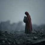 **An evocative and minimalist digital artwork, medium shot, rendered in a dark, monochromatic style consistent with previous designs, with a single muted color highlight. The composition features a silhouetted figure of a woman, draped in a subtly colored shawl, tenderly carrying a small, lifeless child in her arms. They are depicted walking amidst a desolate landscape of dark, indistinct rubble and debris, suggesting the ruins of destroyed buildings. The background is a blurred expanse of gray tones, emphasizing the bleakness of the environment. The woman's posture and the way she holds the child convey profound grief and loss. The overall mood is deeply somber and poignant, highlighting the devastating human cost of conflict and the heartbreaking reality of mothers burying their children amidst the destruction, presented with a stark and uncluttered visual approach --v 7.0** - Image #4 <@1032195406119043132>