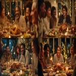 **A cinematic realistic photograph of a group of Latino friends gathered in the living room of a modern cozy home, sharing roasted chicken as the main dish. The table is full of festive side dishes and drinks, warm ambient lighting, soft shadows, joyful atmosphere. Shot with cinematic framing, Leica camera, Cooke lens, shallow depth of field. Christmas and holiday details subtly present: glowing fairy lights, candles, red and golden accents. Friends laughing, eating, and enjoying togetherness, natural realism, emotional and appetizing. --ar 16:9** - <@1081350310305468467> (fast)
