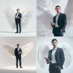 **a confident Asian man with light brown hair, wearing a dark navy suit and pants, looking straight at the camera, holding an iPad in one hand, the other hand in his pocket, standing with large white angel wings behind him, low angle view looking up, studio lighting, clean background with soft blurred business elements, sharp focus, high detail, 4K, realistic photo** - <@427615579231485956> (fast)