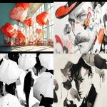 **2025-06-24 black and white shot of art nouveau parasol of a hirsute French King surrounded by parasol flowers in Vietnamese Palace under dramatic sunlight and shadows, by yayoi kusama --chaos 5 --ar 8:5 --raw --sref 3526210125 --profile 8xqipwk --stylize 333 --niji 6** - <@1121310536559243315> (relaxed)