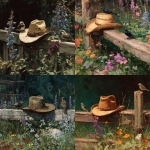 **A Texan cowboy hat hangs on a low fence (close-up). Two Texan birds sit nearby. Wild Texan flowers. The mood of a Texan summer. Painting style of Ilya Repin.** - <@397396364566462464> (fast)