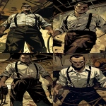 **realistic graphic novel illustration, prohibition era, front-facing medium-wide cinematic shot, Al Capone walking toward the camera, white shirt with dark suspenders, sleeves rolled up, round face with a visible scar on the cheek, cold confident expression, calm menacing posture, holding heavy car battery jumper cable clamps in both hands, thick cables hanging down, subtle electric sparks implied, arms slightly extended toward the viewer as a threat, industrial interrogation room visible in the background, chair and dirty walls framing the scene, film noir lighting, harsh shadows, frontal tension, warm dark color palette, dirty whites, tobacco browns, deep blacks, adult realistic archer-inspired graphic novel style, tragic, oppressive, unsettling tone, grainy film texture, cinematic stillness, --ar 9:16 --v 6.0 --sref <https://s.mj.run/Zdn2IhGsQkM> --raw** - <@722459746162049074> (fast)