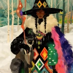 **Warrior witch thundersnowpunk with long braids and stylized warrior witch’s hat and lemur companion in the snow --sref 1999999999 1999999991 416557976 2252558232 698008135 1078492728 2187294478 217414415 416417418 7337 80085 696969 47 73 97 100 --sv 4 --niji 6 --p grjlt42 --raw** - Image #1 <@948741381743083580>