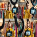 **A medium shot of a stylish Western female fashion influencer livestreaming, holding up a piece of clothing to show her audience, she has an exaggerated surprised and excited expression with her mouth open, high tension and energy. In the foreground, a silhouette of a ring light with a smartphone mount recording her. In the background, a clothing rack filled with colorful trendy garments. Professional commercial photography, bright studio lighting, realistic, 4k, shallow depth of field, livestream shopping context, with high detail ,photograph --ar 16:9** - Variations (Strong) by <@950232969275125781> (fast)