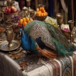 **medieval Roasted peacock re-dressed in its full feathered plumage and placed dramatically on a feast table --ar 16:9 --v 7.0** - Image #1 <@1084708232976670791>