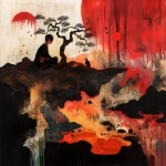 **fumarole eerie painting with a color scheme of monochromatic black and white with a pop of Color. The painting uses cross-hatching and palette knife techniques, inspired by analog horror, grunge Polaroids, ukiyo-e and retro Japanese horror. The mood is mysterious and unsettling --niji 6 --p k463ai2 --raw** - Image #4 <@948741381743083580>