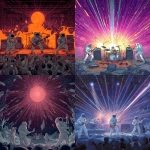 **award-winning concert poster from Delicious Design League displaying a 4-piece rock band of astronauts jamming on a stage with an insane laser light show illuminating them and a frothing-at-the-mouth audience** - <@539290812681551874> (fast)