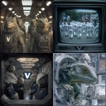 **the lizard people of "V" tv-mini, stepping out of their spacecraft (300 mm focal length, tele zoom) while the hum of their coils defines the opposite of a show only reality as it is. There will be no silliness or fake imagery, except those of Bates political statements on the screens of snowflake macrophotography.** - <@639231094968942592> (relaxed)
-# Create, explore, and organize on [midjourney.com](<https://midjourney.com/imagine?from_discord=1>)
