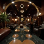 **Surrealism 1970s abstract luxury music lounge, black gold brown colors rich colors, luxury, hd quality , vinyl showing, low lighting, leather conversation pit, tall abstract speakers, vinyl records , bar lounge included** - Image #3 <@951239260281913364>
