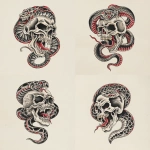 **A snake traditional old shcool skull tattoo design, white background** - Variations (Strong) by <@1289925671455559733> (fast)