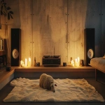 **cozy modern living room at night, warm ambient lighting with candles, minimalist concrete wall interior, wooden furniture and vinyl record player, large speakers, soft beige rug, centered fluffy white sheep resting on the rug, wooly and cloud-like texture, calm and peaceful atmosphere, soft shadows, warm golden glow, cinematic lighting, shallow depth of field, modern American cozy aesthetic, no people, no text, no logos, ultra realistic photography, high detail, relaxing mood, perfect for ambient music YouTube thumbnail --ar 16:9 --v 6.0 --raw** - Image #3 <@1383071639465496637>