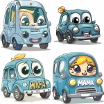 **A cute blue car with the word "MAMA" written on it, featuring simple shapes and large eyes in an illustration style. The cartoon character is smiling, with yellow hair, no background, white color, and vector graphics. It has round headlights and windows, fog lights, dark gray grilles, black bodywork, two door handles, four wheels, and three doors. Vector illustrations suitable for children's books or t-shirts. --v 6.0** - <@1106905564325351424> (fast)