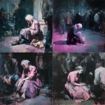 **A fast, strongly colored painting, heavily in tones of pink, white, purple-blue and black, Paris streets, Victorian era, focusing on an old beggar woman, shabby, sad, dirty, begging on the street, sitting, people around her, in a full-screen shot, dark atmosphere. Painted by Jenny Saville.** - <@1106776019475636345> (fast)