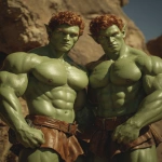 **Realistic 3d rendering. Full body portrait of two characters. ruggedly handsome, Hyper muscular handsome twin green skinned orcs, bright silver eyes, short curly redred hair, short pointed ears, defined muscles, pronounced features, hyper muscular, wide Grecian nose, strong square jaw, defined cheek bones, masculine features, freckles. Bodybuilder. wearing a tight short leather skirt. His oiled skin glistens under intense studio lighting. A strong camera flash highlights the shine on his muscles, creating bright reflections on his body, arms, and thighs. Retro fitness photography style, slightly exaggerated lighting contrast, 90s magazine aesthetic, center-framed, studio portrait shot. Standing and posing in a sunny rocky field. --ar 5:6 --v 7.0** - Image #3 <@1222981214734913607>