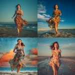 **A beautiful young woman in a floral print dress, with blue eyes and loose hair, running barefoot on the sand, with the intensely blue sea in the background, an incredibly beautiful blue sky, and the sun setting with a very strong reddish color. A fine art photograph capable of attracting attention and beautifying any environment** - <@1088088706168144024> (fast)