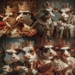 **Ultra HD profile photo of two well groomed cows, wearing expensive clothes for a king, wearing crowns with lots of gems on the crown, wearing sunglasses. the two cows are at a party and are holding their arm out with drinks in their hands doing a cheers motion to celebrate. background is decorated with a royal theme. taken with a cannon eos, hyperrealistic, natural lighting --ar 2:3 --raw** - <@1103975769467789322> (relaxed)