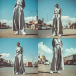 **a woman is wearing grey wide-leg pants and white sneakers, standing on the street. shot with a nikon d850 and a 24-70mm f/2.8 lens, this is a hyper-realistic, ultra-detailed photograph.** - Variations (Strong) by <@1198884420749377556> (fast)