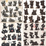 **a cute Scottish Terrier character emotion sheet, featuring 12 different emotional expressions and poses in a grid layout: happy, sad, angry, surprised, in love, sleepy, laughing, embarrassed, kissing, waving, cheering, proud warm and soft painterly illustration style, hand-painted brush textures, chibi proportions, fluffy fur with natural shading, big expressive eyes, rich soft lighting, gentle pastel tones, high-resolution artwork, white background with subtle horizontal guides, consistent proportions for sticker design --v 6.0 --ar 4:3** - <@872240455209857064> (fast)