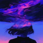 **a woman's head from behind in the dark looking up at the sky. The sky is beautiful and filled with stars and streaking details of color. --niji 6 --ar 2:3** - Upscaled (Creative) by <@656961830371196938> (fast)