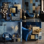 **materials board for modern art deco interior design with sapphire blue velvet, black wood, gold metal, tile, silk, wall paint, dried plant** - <@961789810715009054> (fast)