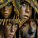 **black light elegant creative carnival deviant art, face, beautiful eyes, golden, parasol, black background --s 750 --ar 4:3** - <@1128543579556565043> (relaxed)
