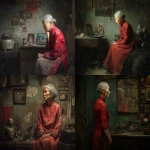 **Oil painting, moody lighting, prominent brush strokes, elderly grey haired Chinese woman dressed in a tattered and dirty red Qun Kwa wedding dress, Zhang Xiaogang's style, Painting on wall, family photographs, gazing into a dirty mirror in a dingy apartment, by Zhang Jingna, , melancholic atmosphere, tattered robot companion, laptop computer --ar 5:4 --v 7.0 --no star wars characters --chaos 3** - <@988364629556199494> (fast)