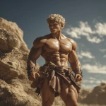 **Realistic 3d rendering. Full body portrait of ruggedly handsome, Hyper muscular handsome elf, bright silver eyes, short curly blonde hair, short pointed ears, defined muscles, pronounced features, hyper muscular, wide Grecian nose, strong square jaw, defined cheek bones, masculine features, freckles. Bodybuilder. wearing a tight short leather skirt. His oiled skin glistens under intense studio lighting. A strong camera flash highlights the shine on his muscles, creating bright reflections on his body, arms, and thighs. Retro fitness photography style, slightly exaggerated lighting contrast, 90s magazine aesthetic, center-framed, studio portrait shot. Standing and posing in a sunny rocky field. --ar 5:6 --v 7.0** - Image #1 <@1222981214734913607>