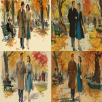 **vintage illustration of an american couple in love, walking hand-in-hand through the park on a fall day with colorful leaves falling around them. the man is wearing an overcoat and black shoes, while the woman wears a long coat with a blue top underneath it and a hat. they both have happy expressions. in the background, there are people sitting on benches and trees with autumn foliage. --ar 64:35 --v 7.0** - <@1142201622697623682> (fast)