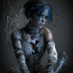 **fantasy concept character, there is a hole in her chest and you can see her heart and inside of her chest there are spiderwebs, she looks sad, she has short black hair with blue strikes, wearing rags and gladiator heels --v 7.0** - Image #1 <@450898678975168513>