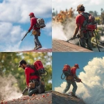 **a man blowing off a roof with a backpack blower and wearing a red shirt and a roofing tool belt** - <@1239487485965504543> (fast)