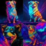 **a neon turqiose, orange , pink , fluffy Austrailian miniature shepherd x pomerainian , one blue eye, short nose, sitting , psychedelic, blue background , acid visuals , artwork in the style of Dan mumford , bright glowing image --v 7.0** - <@1006545549706666017> (fast)