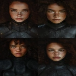 **Mische, striking young woman with warm brown skin dusted with freckles, glowing sharp eyes full of mischief, voluminous curly dark hair framing her face and shoulders, angular cheekbones, natural full lips, confident mischievous expression. Wearing fitted black leather armor with subtle gothic engraved detailing, similar to Oraya’s armor but uniquely her own. Cinematic dark fantasy portrait, hyper-realistic, ultra-crisp detail, chiaroscuro dramatic lighting, epic atmosphere, powerful and magnetic presence. --ar 2:3 --v 6.0 --no porcelain-skin doll-like glamour smooth-airbrushed features cosplay unrealistic-textures watermark flames fire glowing-hands --raw** - <@1244098075421708410> (fast)