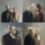 **Heads in transparent ice blocks,painting, surrealism, René Magritte The Lovers Paris 1928 Wearing snowflake macrophotography fabric, red love letters from the heart <@1077492926550134864> --v 7.0 --s 750 --p 3yk8su5** - <@1077492926550134864> (fast)