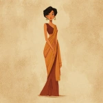 **Pixar Disney style flat 2D procreate textured full length illustration of an Indian tall woman standing with short hair , dressed in a saree and earrings. The style should have clean outlines, and subtle textured shading to give it a hand-painted feel.** - Image #2 <@748085296171843676>** - Image #4 <@748085296171843676>