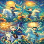 **The Sun tarot card in the style of Miroslav Sasek and Tataro Kimuchi. The image depicts a young man sitting on the back of his white horse holding a banner, with its head raised towards the sky, and a bright smile on his face. The background is sunny, with a large sun rising in front of him, its rays extending outwards. In some parts, there may be sunflowers or plants surrounding the scene. The illustration is painted in a vibrant amber and mocha color palette, evoking a dreamy and magical atmosphere. Soft round shapes, children’s book illustration style, clean and bright background. --ar 7:12 --sref 1567159629 --profile ouhb4r1** - <@409716268476923920> (fast)
-# Create, explore, and organize on [midjourney.com](<https://midjourney.com/imagine?from_discord=1>)