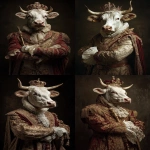 **<https://s.mj.run/1NjRNbUywKQ> photo portrait of a very rich European king with his arms crossed in front of his body, but his head is a mostly white cow's head and he is wearing a crown and carrying a sceptre --ar 2:3** - <@1103975769467789322> (fast)