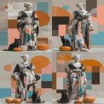 **A collage of an ancient Greek statue wearing modern Halloween fashion, standing in the Egyptian Museum in The Valley of Rosicrucian. She wears a black, white, pink, blue and grey patterned dress in the style of Gucci and her black cat and pumpkin next to it. A mahogany geometric graphic design inspired in the style of Thomas Gainsborough, using newspaper and other midjourney swag materials, flat perspective, muted colours, digital art techniques, mixed media, high resolution. --ar 57:88 --v 7.0 --s 250** - Variations (Strong) by <@1007106543935823902> (relaxed)
-# Create, explore, and organize on [midjourney.com](<https://midjourney.com/imagine?from_discord=1>)
