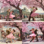 **a beautiful young woman in a pink dress and her handsome boyfriend dance under the cherry blossom tree at a train station, with pastel colors and charming characters, in the style of thomas kinkade and j.c. leyendecker, in the style of greg rutkowski. --ar 3:4** - <@1220684338807439425> (fast)