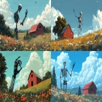 **A whimsical illustration of an anthropomorphic robot arm holding up the silhouette of its skeleton, standing in front of a red barn on top of rolling hills covered with wildflowers and tall trees. The sky is a clear blue with fluffy white clouds. In the style of Craig Mullins. --ar 91:55** - <@264129597782753313> (fast)
-# Create, explore, and organize on [midjourney.com](<https://midjourney.com/imagine?from_discord=1>)