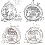 **Half Durian Magical Classroom - inside a hollow durian, front view, spiky oval fruit, Hazel the rabbit teaching tiny animal students, Pip the hedgehog arranging craft materials, craft corner with seeds as storage and spiky segments as decoration, clean line art, storybook style, easy to color. --v 6.1** - <@1426448926453530644> (relaxed)