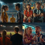 **a photorealistic image fo a couple watching the champions league, they are sitting in the arena but the girl is cheering for one team and the boy for another, you can sense the anymosity amongst them, they are fighting with eachother but a ref like person stands between them** - <@1072947040281165924> (fast)